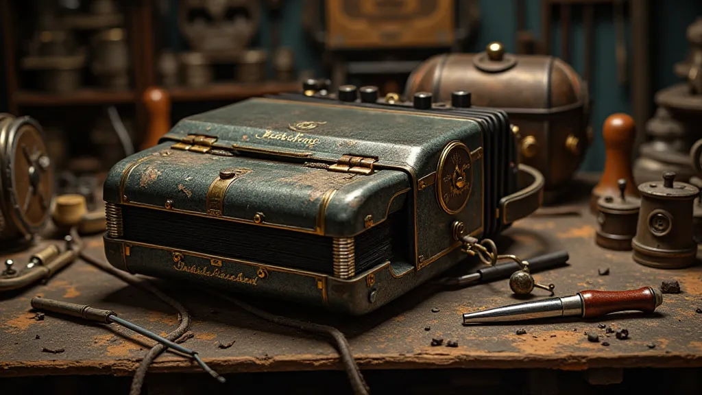 Vintage accordion on a workbench with tools.