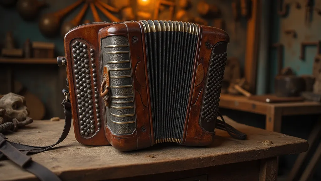 Antique accordion on a workbench